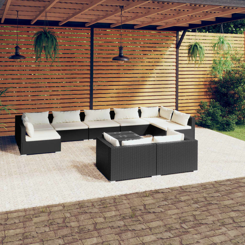 10-delige Loungeset met kussens poly rattan zwart