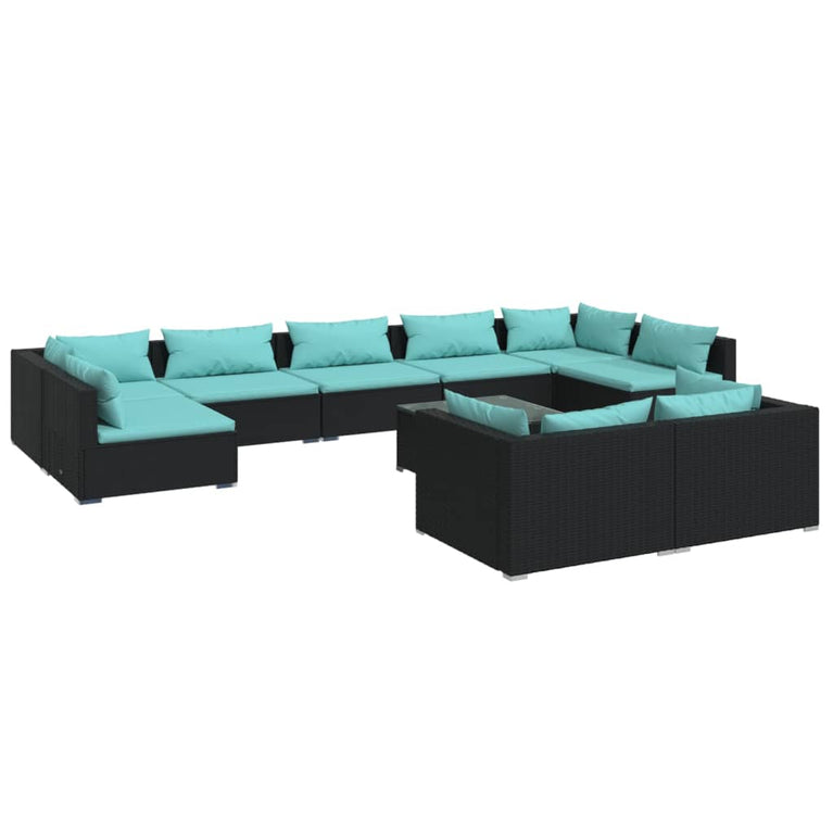 10-delige Loungeset met kussens poly rattan zwart