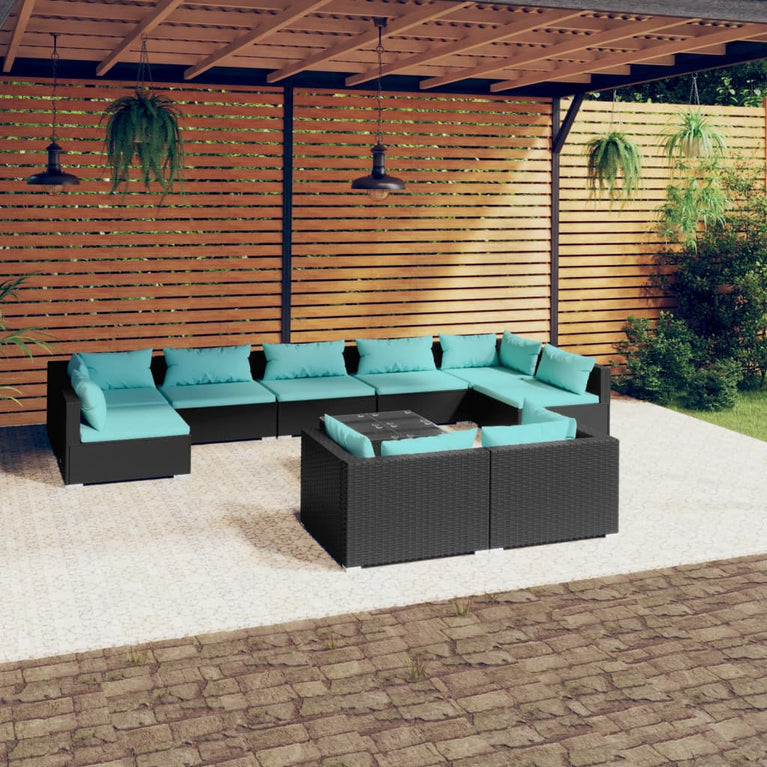 10-delige Loungeset met kussens poly rattan zwart