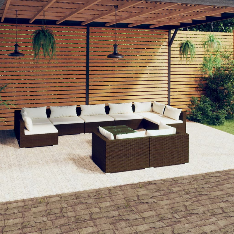 10-delige Loungeset met kussens poly rattan bruin