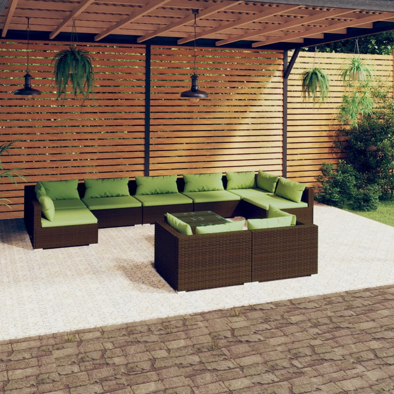 10-delige Loungeset met kussens poly rattan bruin