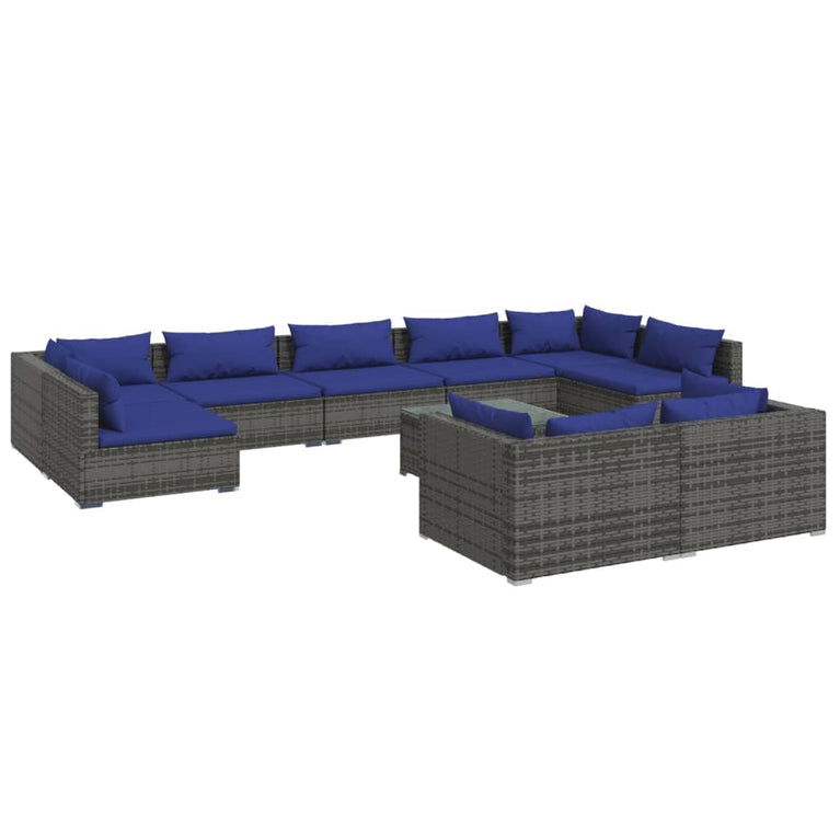 10-delige Loungeset met kussens poly rattan grijs