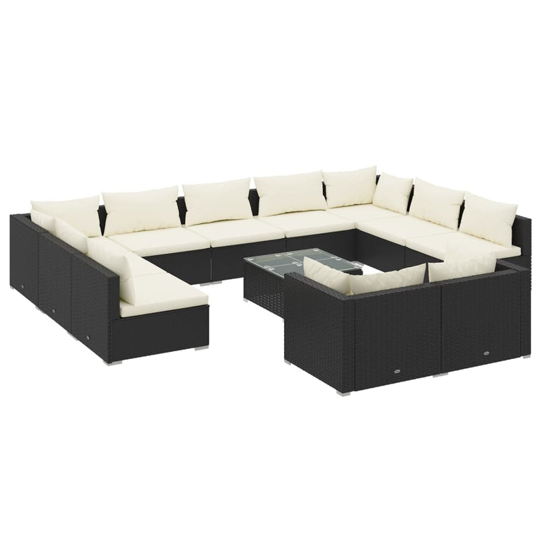 12-delige Loungeset met kussens poly rattan zwart