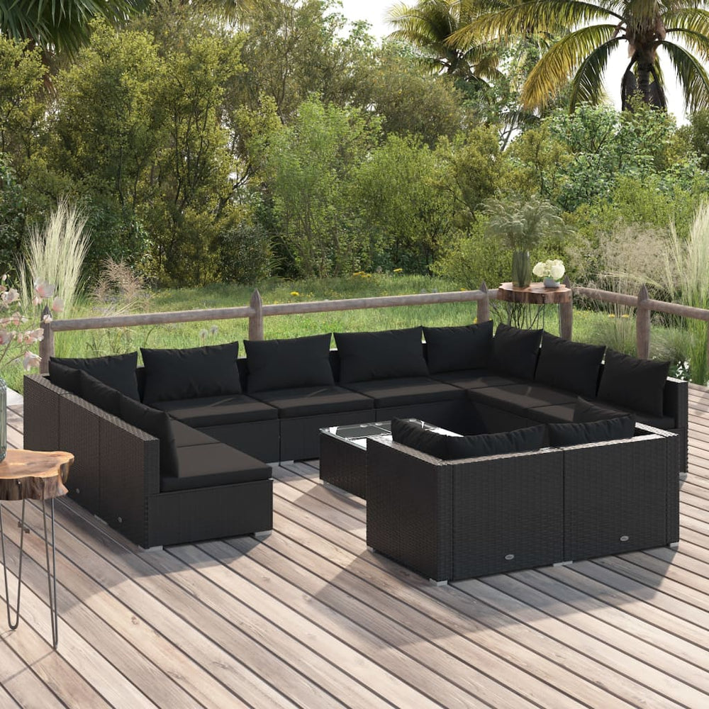 12-delige Loungeset met kussens poly rattan zwart MeubelReus