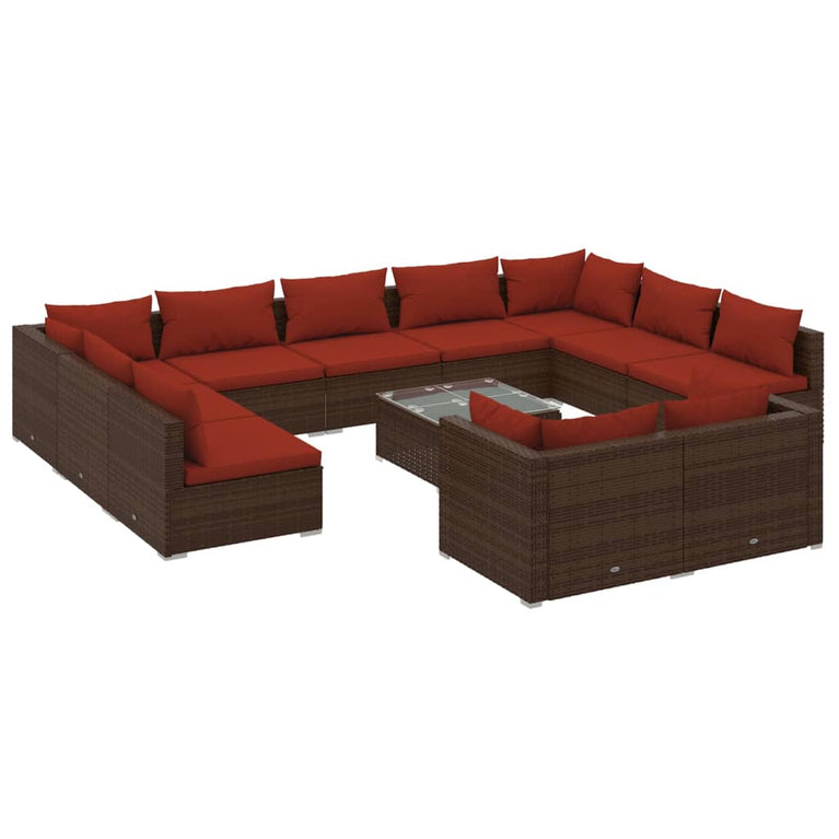 12-delige Loungeset met kussens poly rattan bruin
