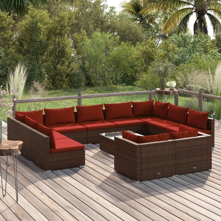 12-delige Loungeset met kussens poly rattan bruin