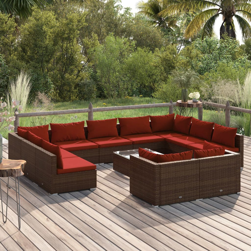 12-delige Loungeset met kussens poly rattan bruin