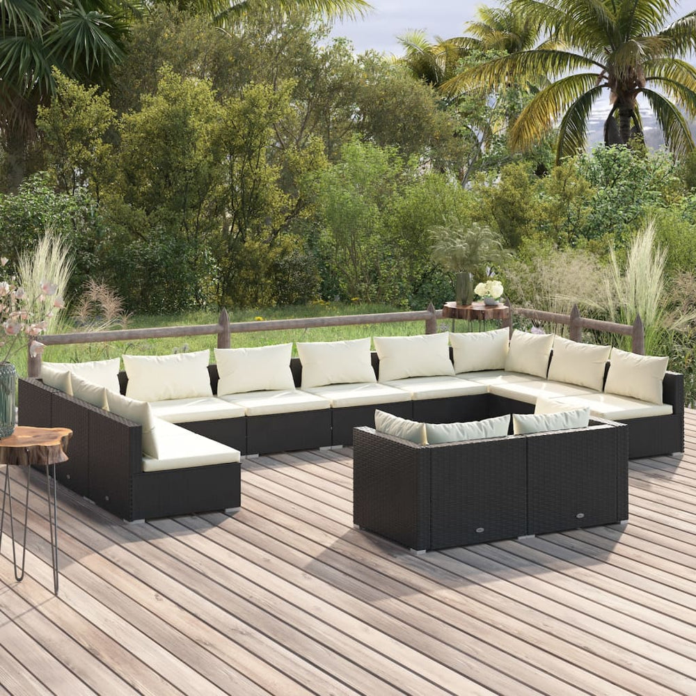 12-delige Loungeset met kussens poly rattan zwart MeubelReus