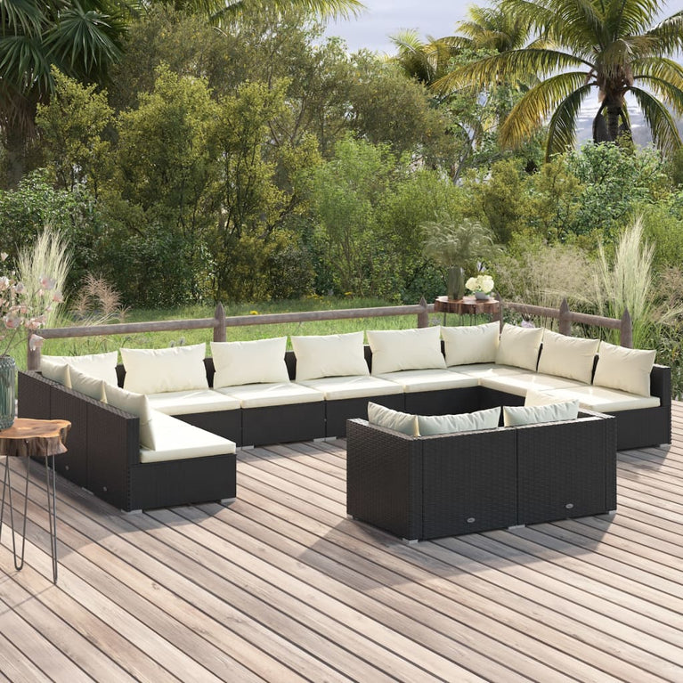 12-delige Loungeset met kussens poly rattan zwart MeubelReus