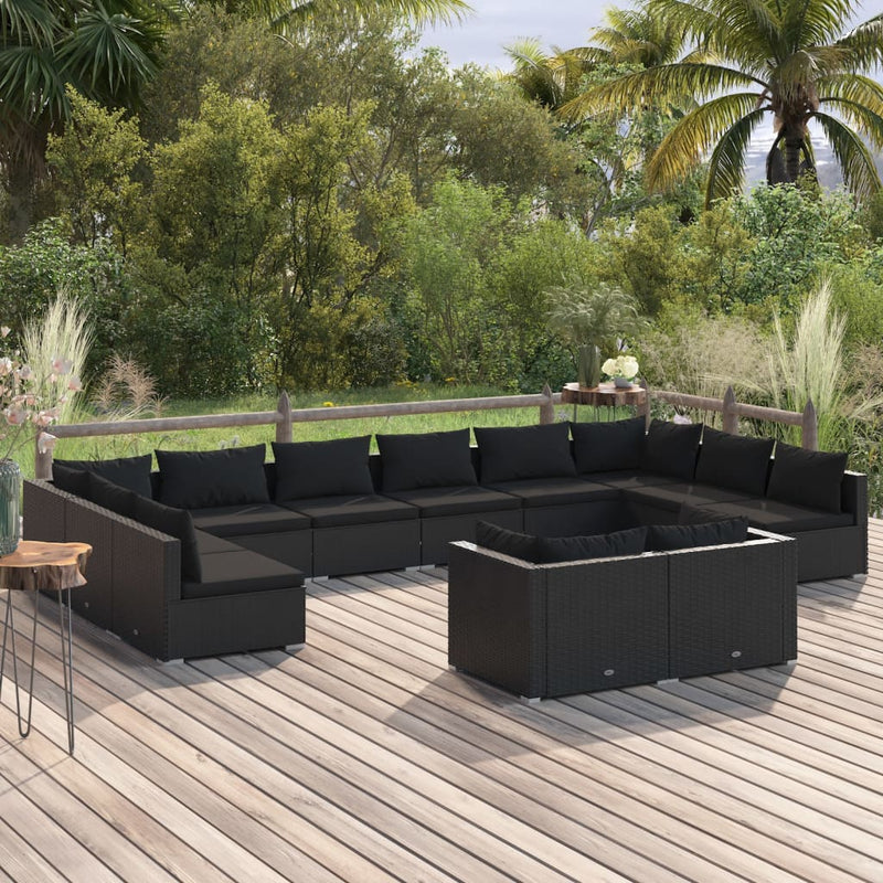 12-delige Loungeset met kussens poly rattan zwart MeubelReus