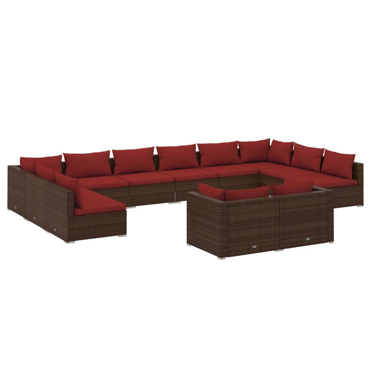 12-delige Loungeset met kussens poly rattan bruin