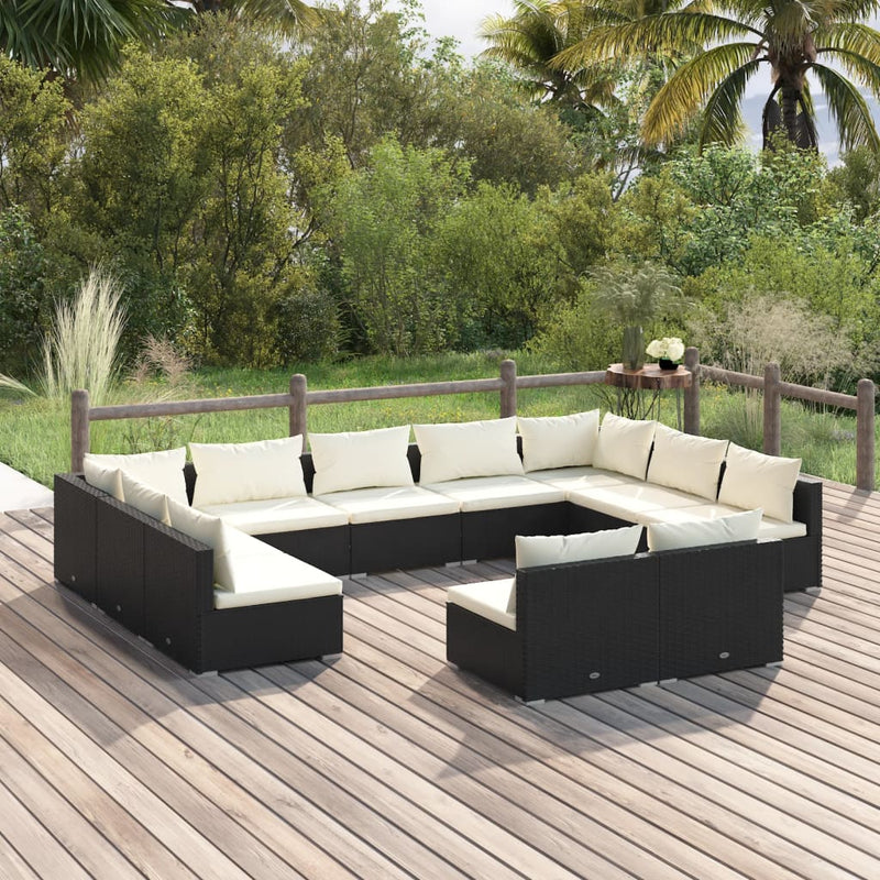 11-delige Loungeset met kussens poly rattan zwart MeubelReus