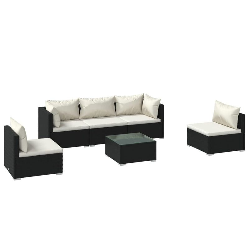 6-delige Loungeset met kussens poly rattan zwart