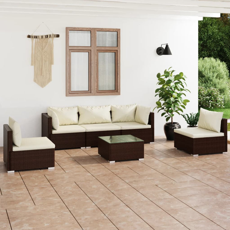 6-delige Loungeset met kussens poly rattan bruin