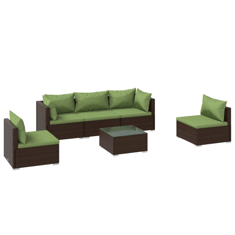6-delige Loungeset met kussens poly rattan bruin