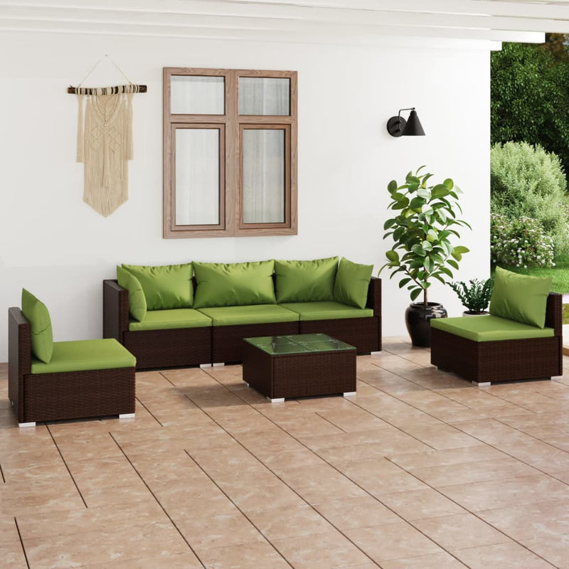 6-delige Loungeset met kussens poly rattan bruin