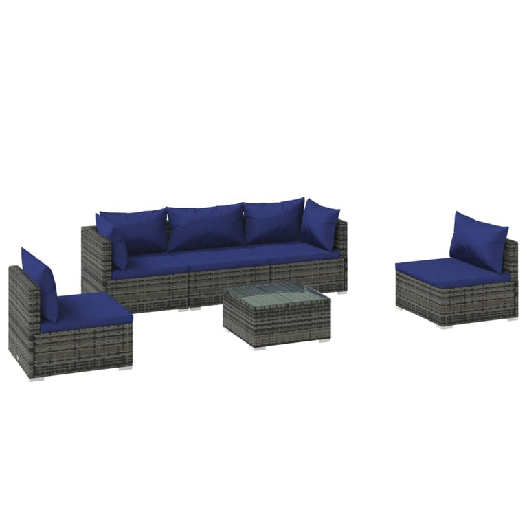 6-delige Loungeset met kussens poly rattan grijs