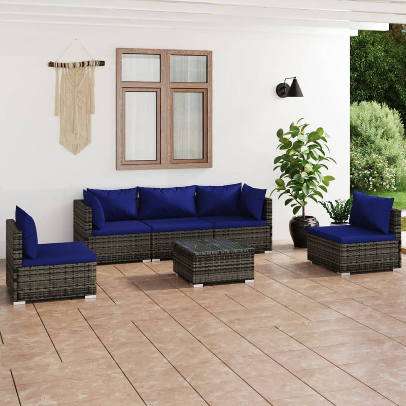 6-delige Loungeset met kussens poly rattan grijs