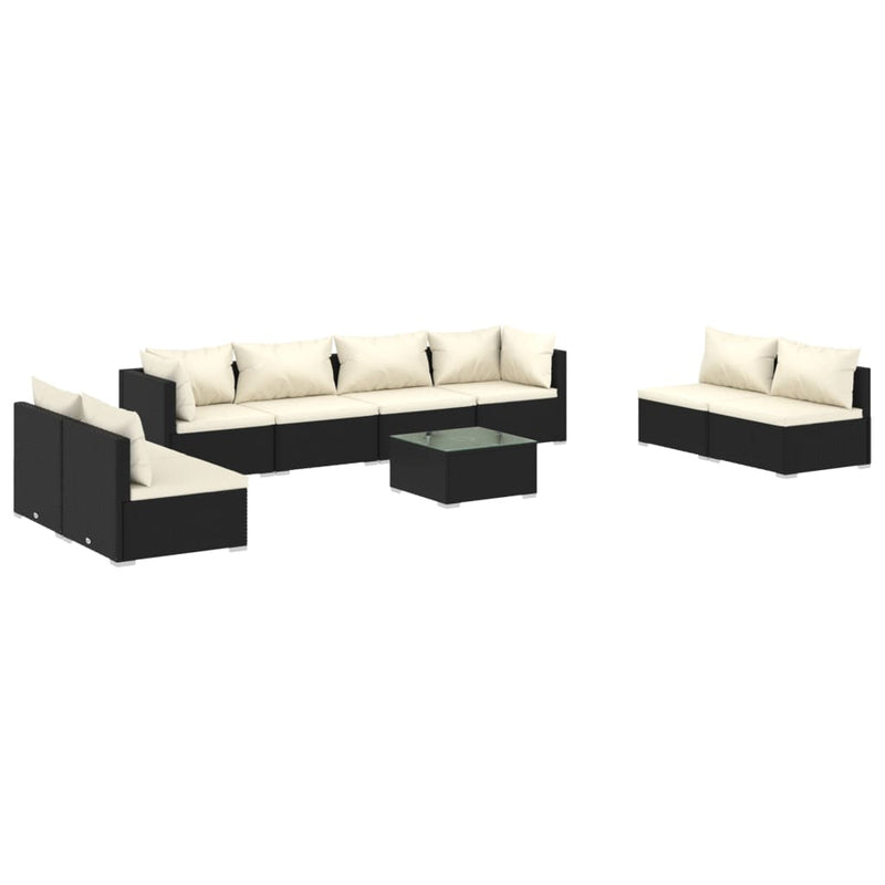 9-delige Loungeset met kussens poly rattan zwart