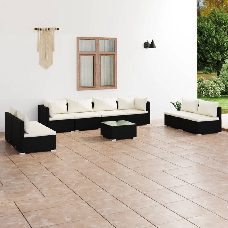 9-delige Loungeset met kussens poly rattan zwart