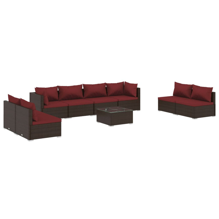9-delige Loungeset met kussens poly rattan bruin
