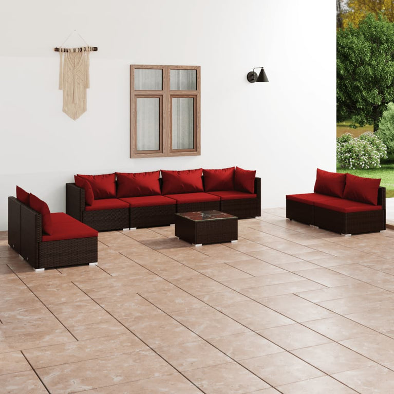 9-delige Loungeset met kussens poly rattan bruin
