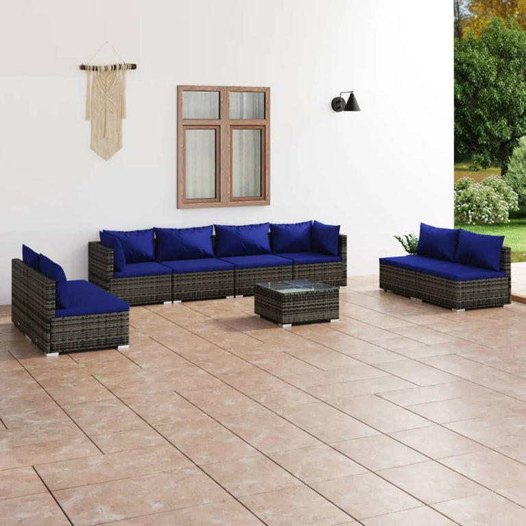 9-delige Loungeset met kussens poly rattan grijs