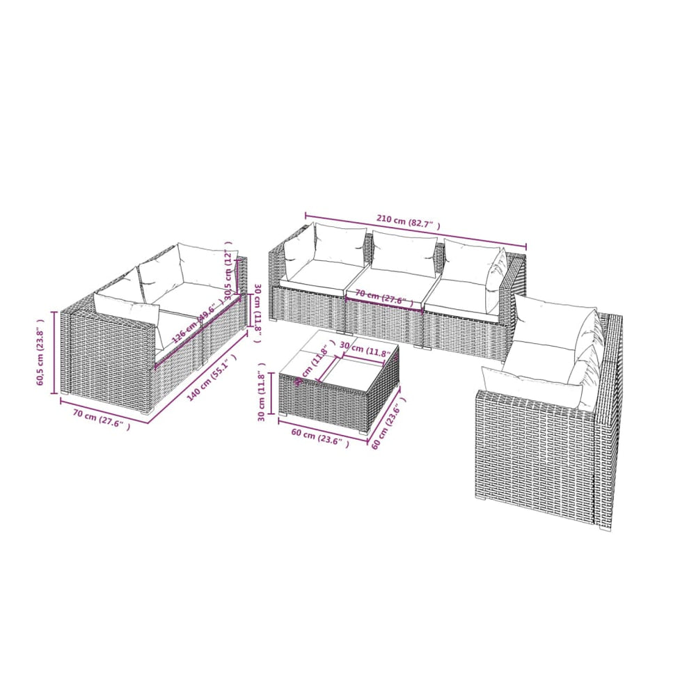 8-delige Loungeset met kussens poly rattan zwart MeubelReus