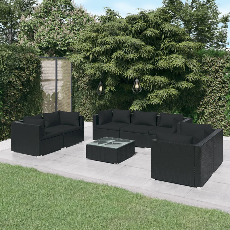 8-delige Loungeset met kussens poly rattan zwart MeubelReus
