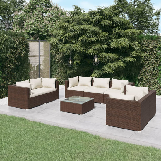 8-delige Loungeset met kussens poly rattan bruin 
