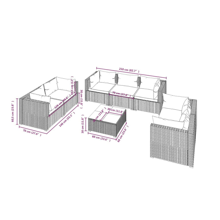 8-delige Loungeset met kussens poly rattan bruin 