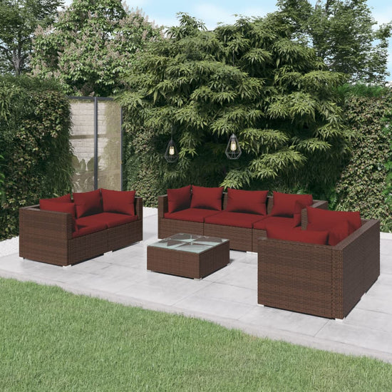 8-delige Loungeset met kussens poly rattan bruin 