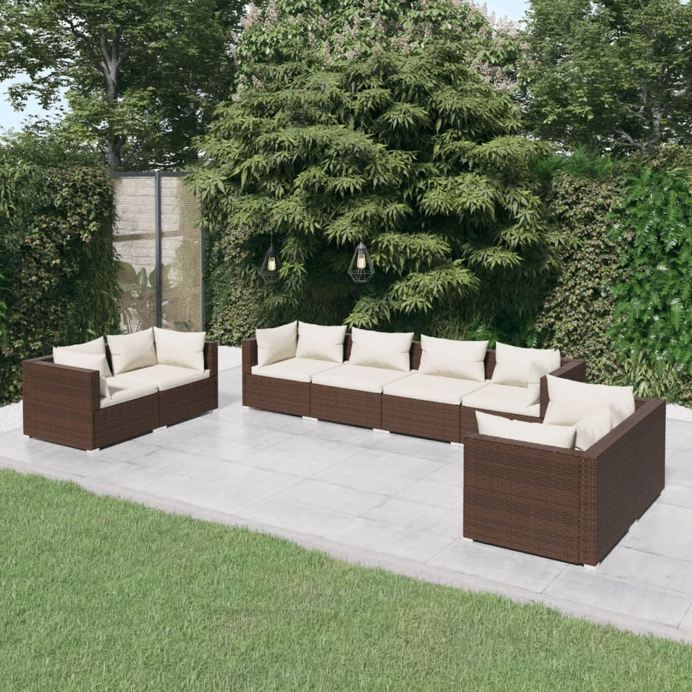 8-delige Loungeset met kussens poly rattan bruin 