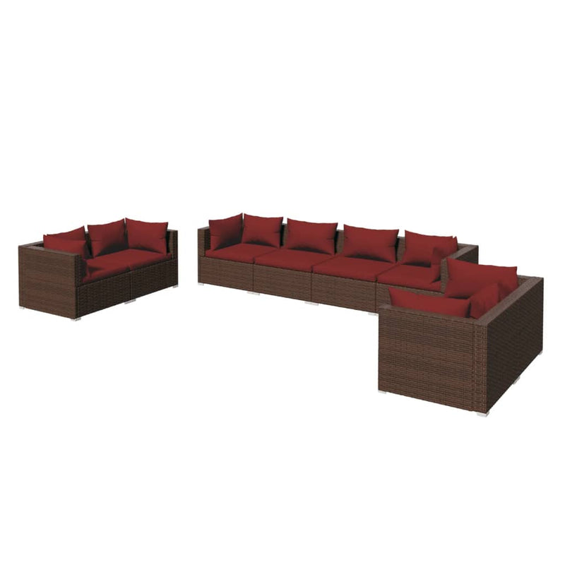 8-delige Loungeset met kussens poly rattan bruin 