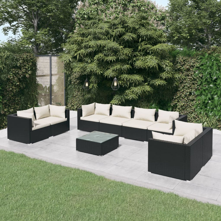 9-delige Loungeset met kussens poly rattan zwart MeubelReus