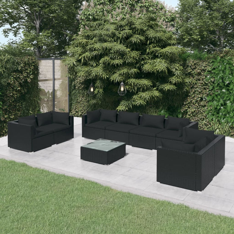 9-delige Loungeset met kussens poly rattan zwart MeubelReus