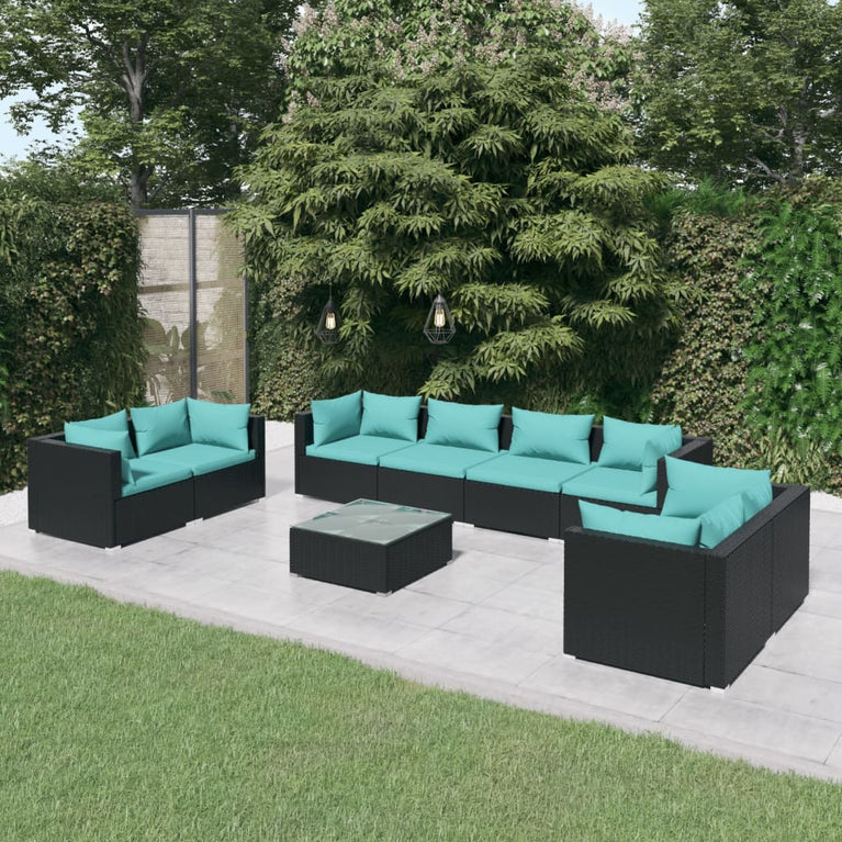 9-delige Loungeset met kussens poly rattan zwart MeubelReus