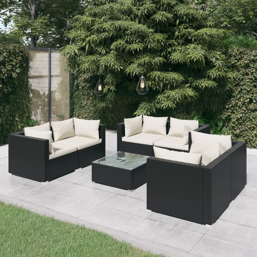 7-delige Loungeset met kussens poly rattan zwart MeubelReus