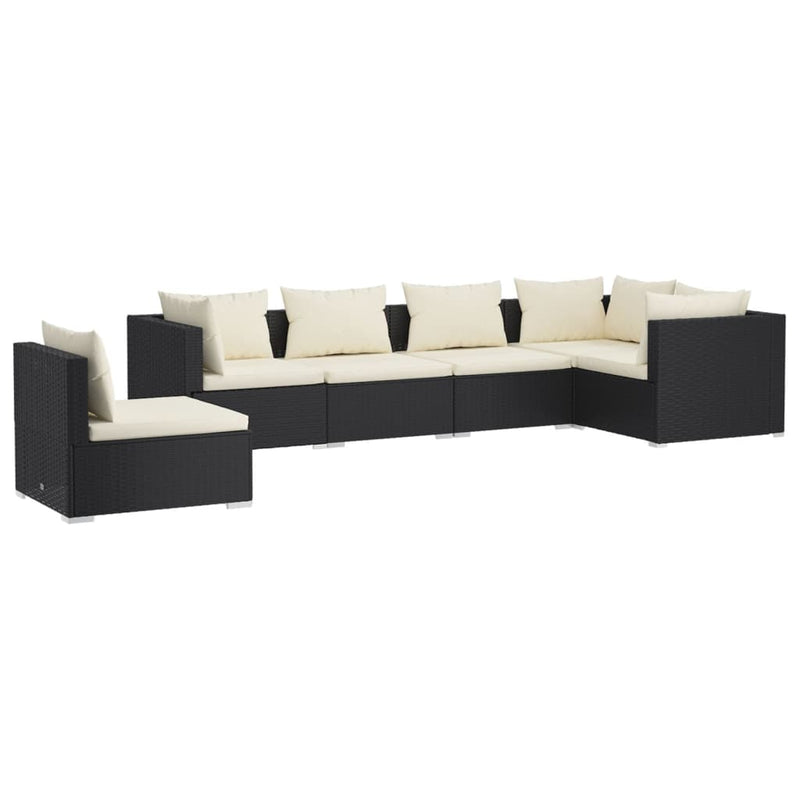 6-delige Loungeset met kussens poly rattan zwart