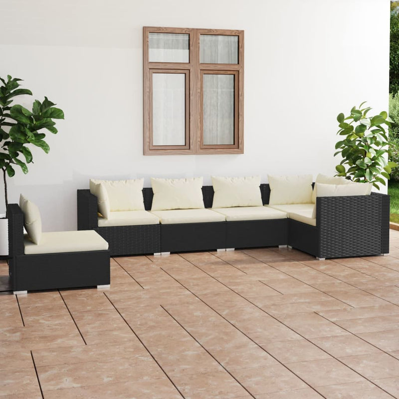 6-delige Loungeset met kussens poly rattan zwart