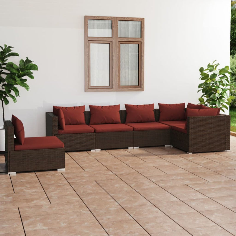 6-delige Loungeset met kussens poly rattan bruin
