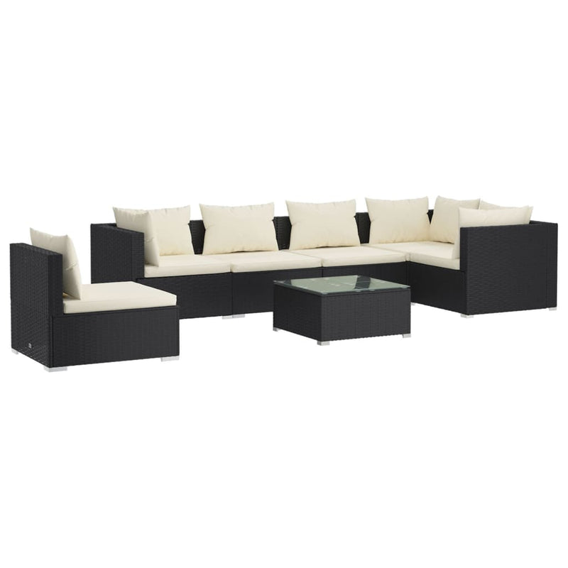 7-delige Loungeset met kussens poly rattan zwart