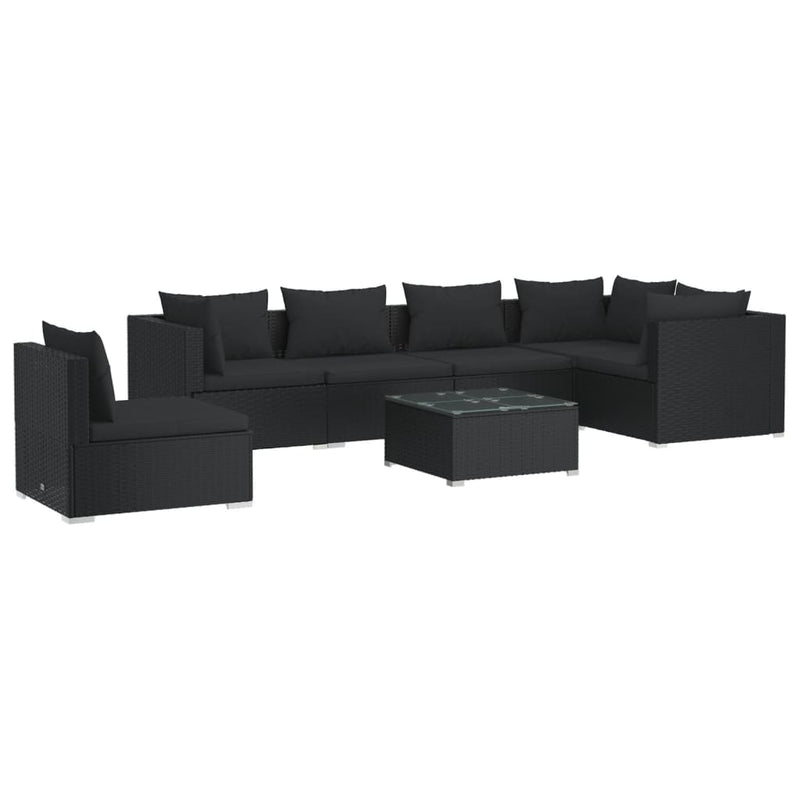 7-delige Loungeset met kussens poly rattan zwart