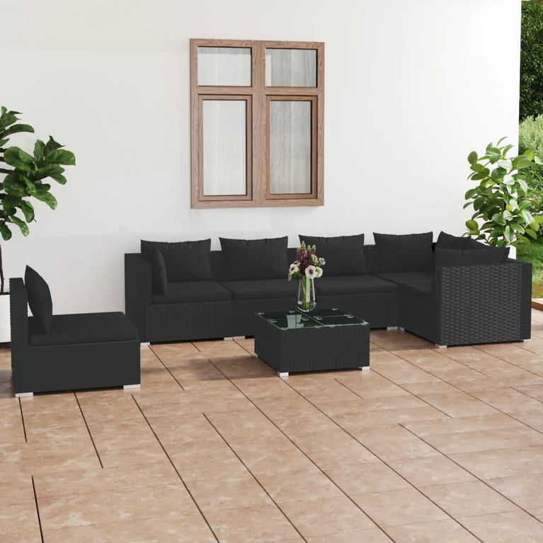 7-delige Loungeset met kussens poly rattan zwart