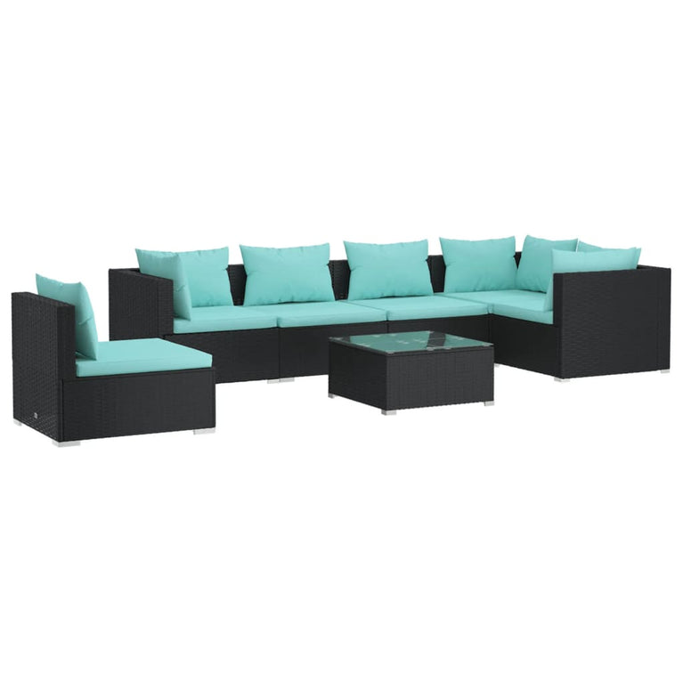 7-delige Loungeset met kussens poly rattan zwart