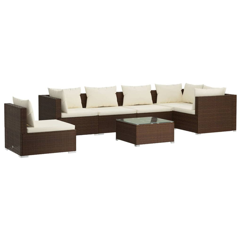 7-delige Loungeset met kussens poly rattan bruin