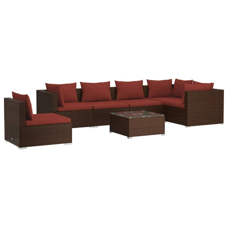 7-delige Loungeset met kussens poly rattan bruin