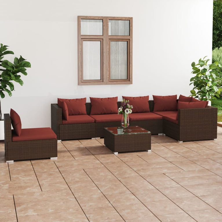 7-delige Loungeset met kussens poly rattan bruin