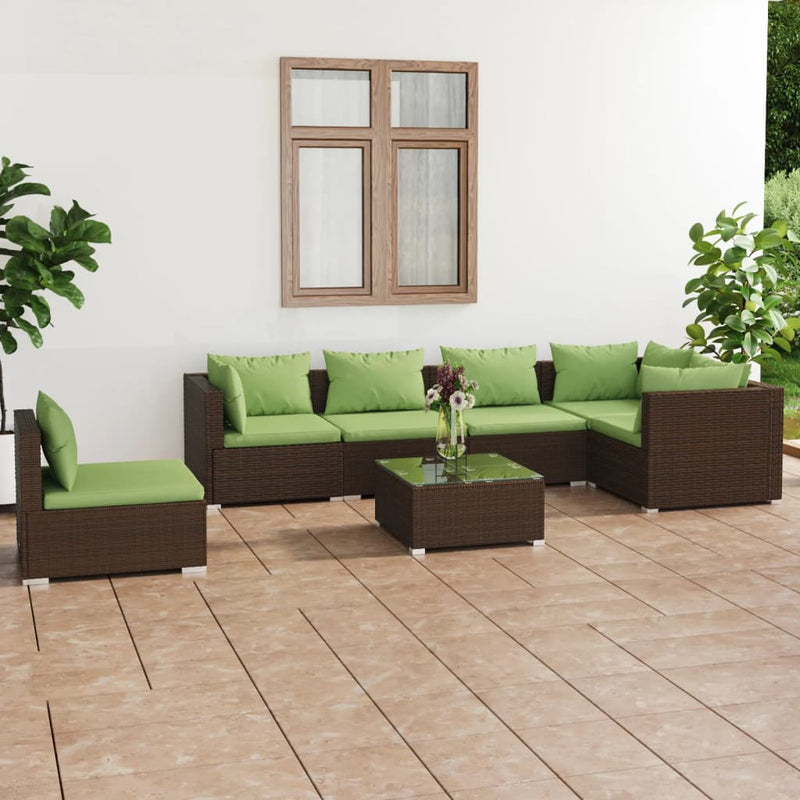 7-delige Loungeset met kussens poly rattan bruin