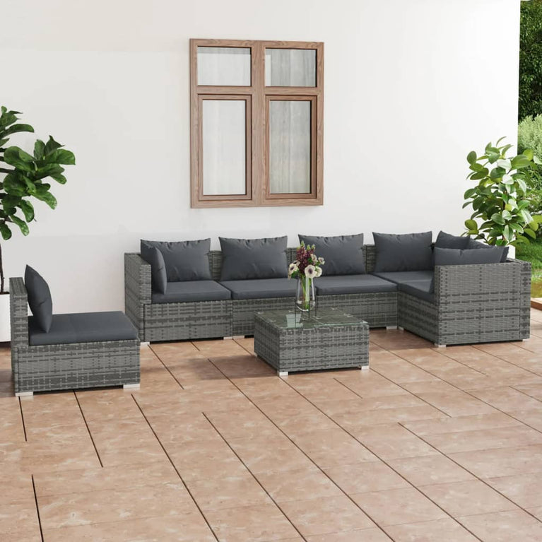 7-delige Loungeset met kussens poly rattan grijs